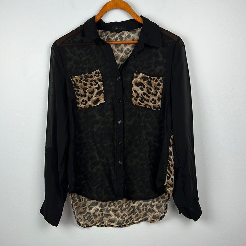 Edge small leopard print sheer button down front pocket blouse - Picture 2 of 8